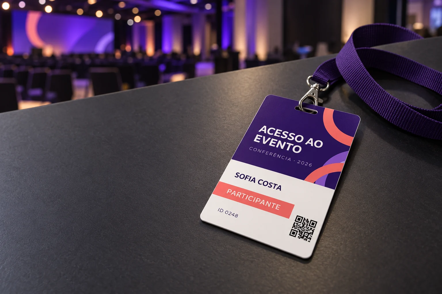 Exemplo ilustrativo de credencial de evento em PVC com fita de pescoço