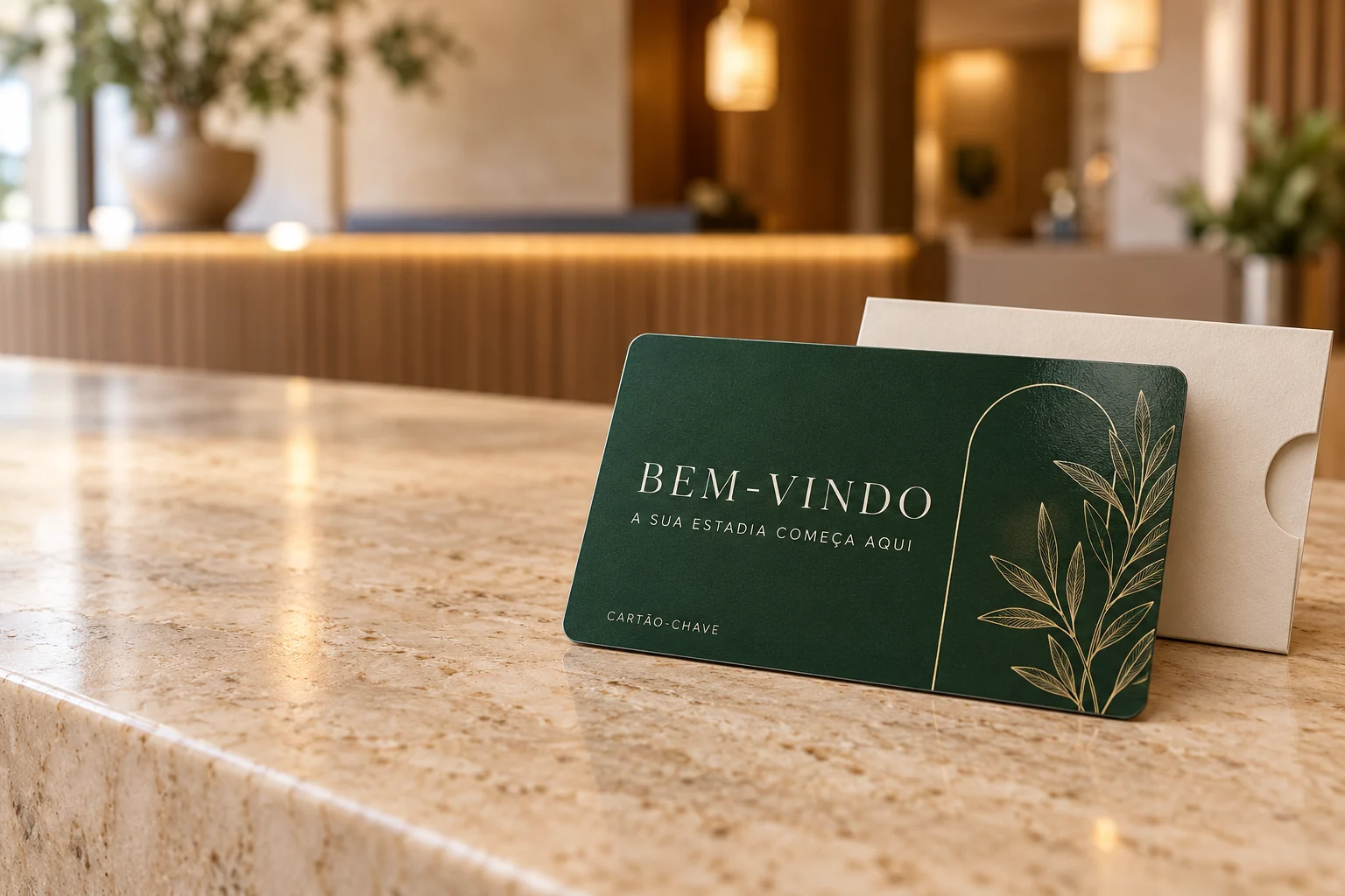 Exemplo ilustrativo de cartão-chave personalizado na receção de um hotel